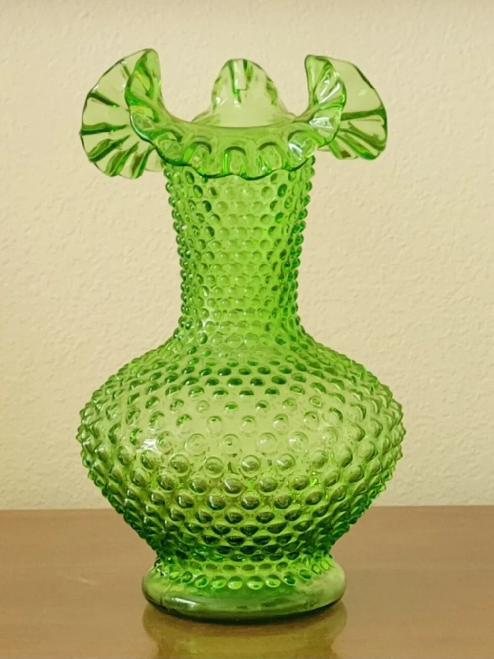 Vintage Fenton Green Hobnail Ruffled Vase 11” Art Glass Signed USA